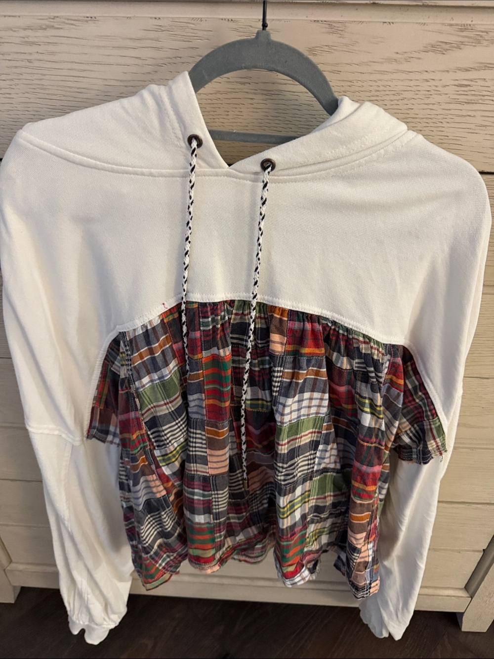 Anthropologie (Pilcro) White Hoodie with Multicolor Plaid Yoke